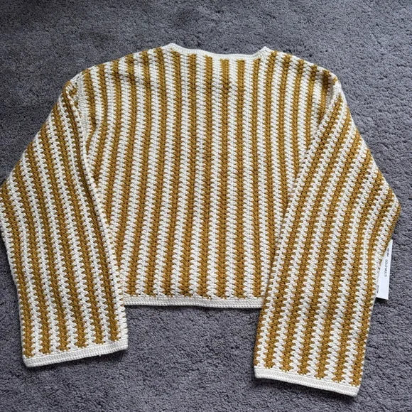 White + Warren Mustard and Cream Fine Cotton Crochet Sweater Top